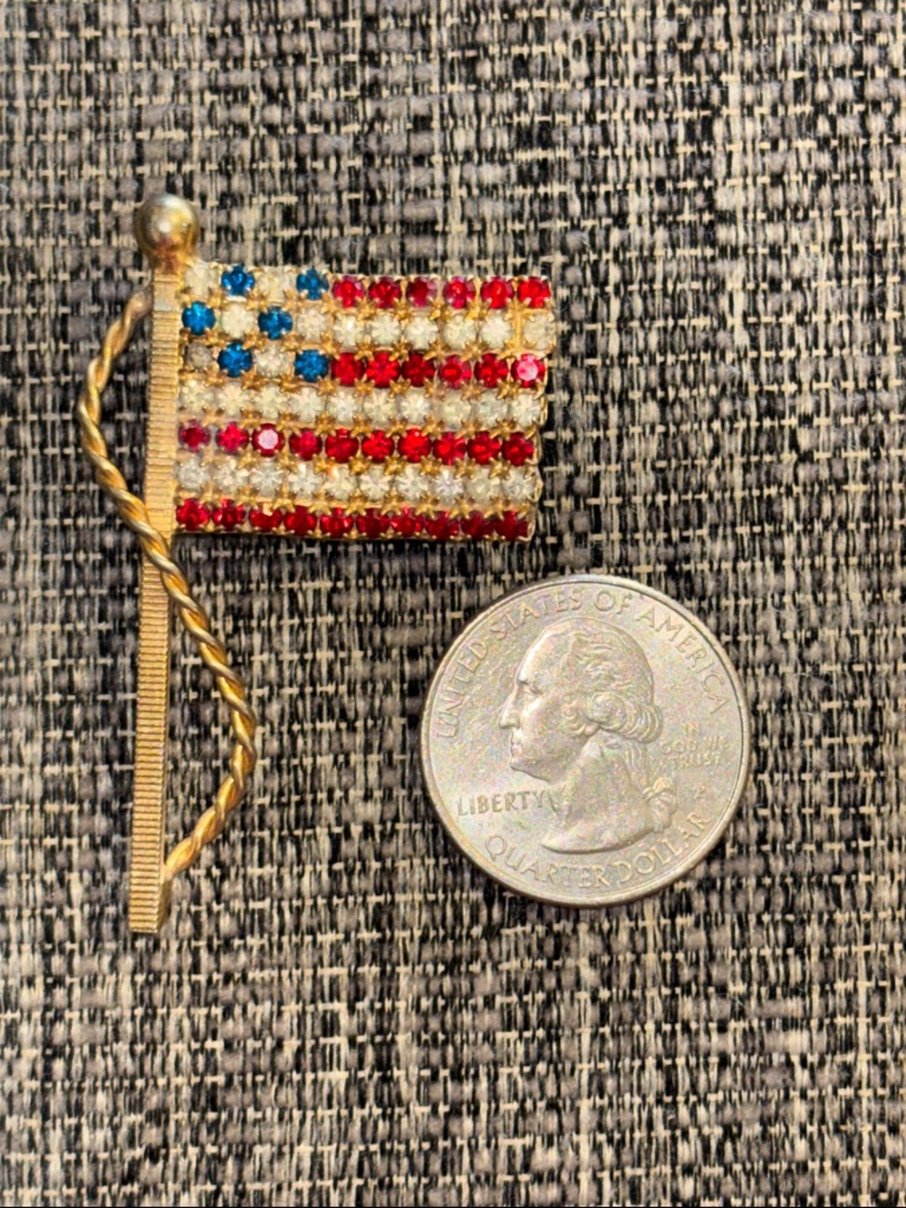 Source Unknown Red White Blue Rhinestone American Flag Brooch